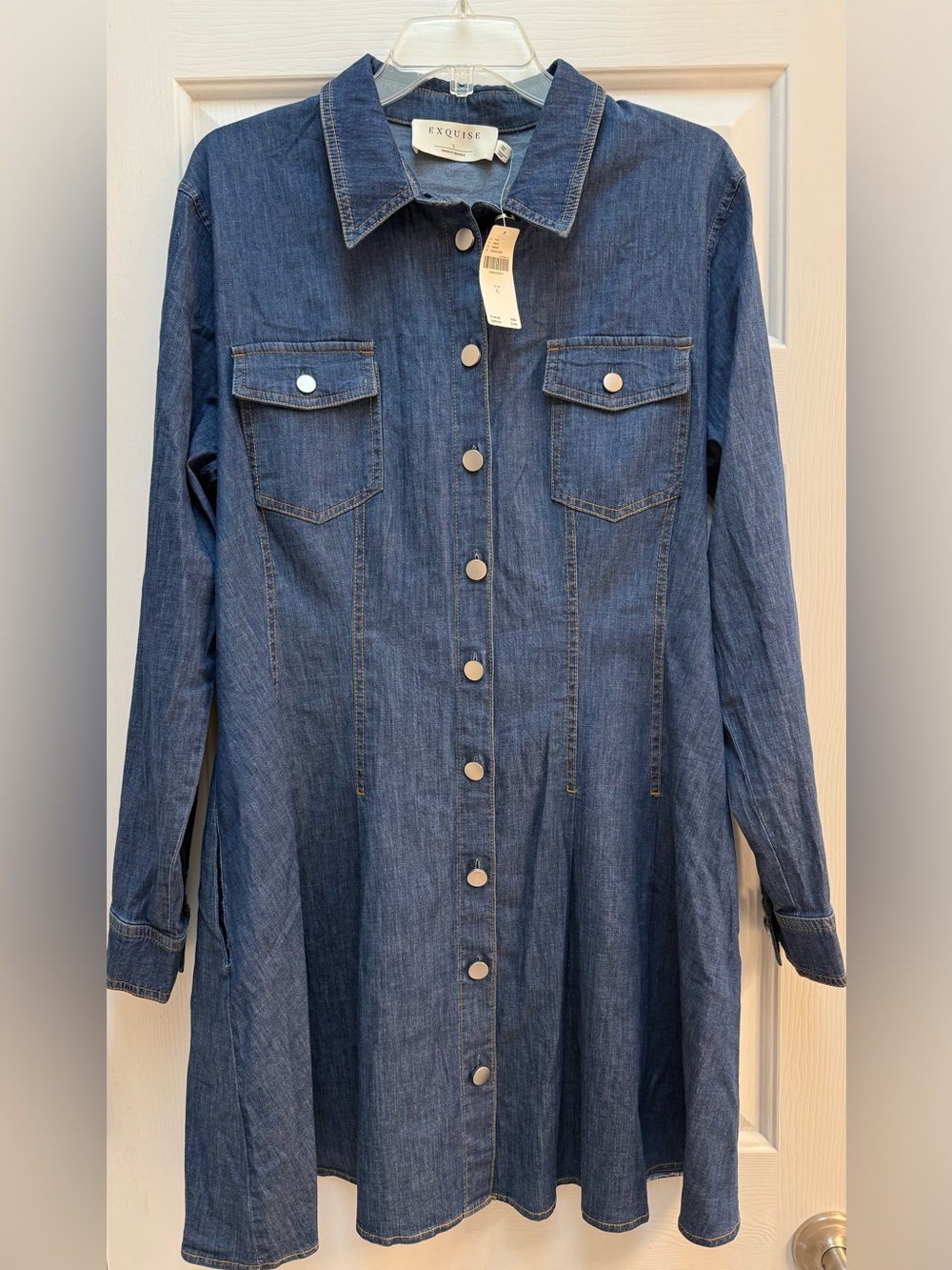 NWT Exquise Anthropologie Denim Cotton Long Sleeve Shirtdress Pockets Size L